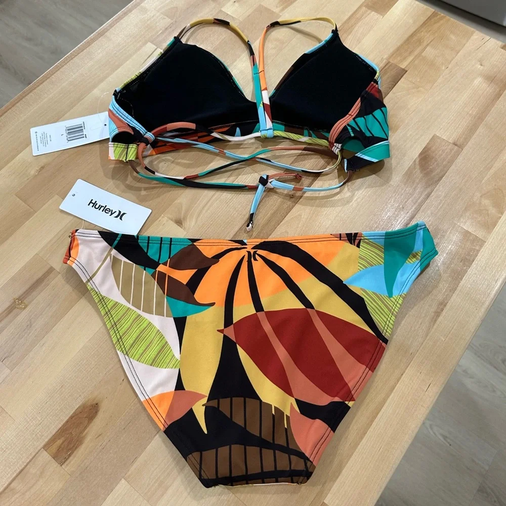 New! Hurley Multicolor Tropical Beach Leaf Print Bikini Size Large - Picture 6 of 14